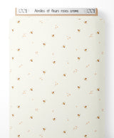 Tissu - Abeilles et fleurs roses crème