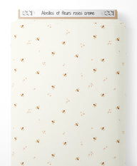 Tissu - Abeilles et fleurs roses crème