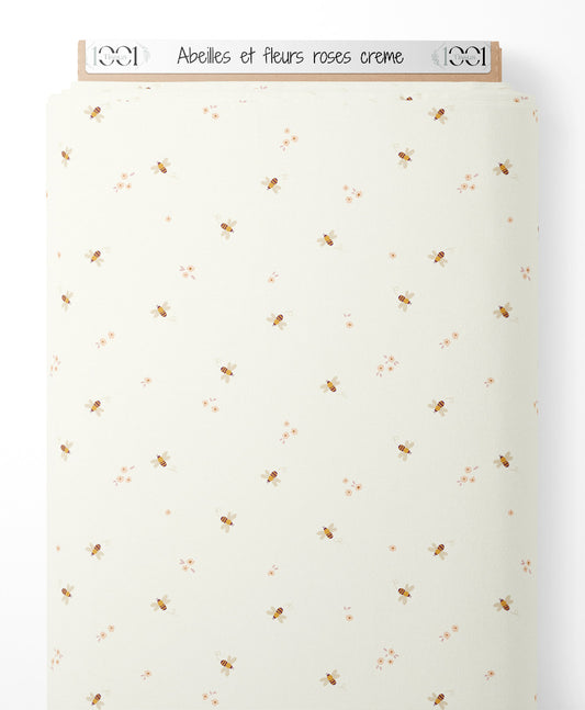 Tissu - Abeilles et fleurs roses crème