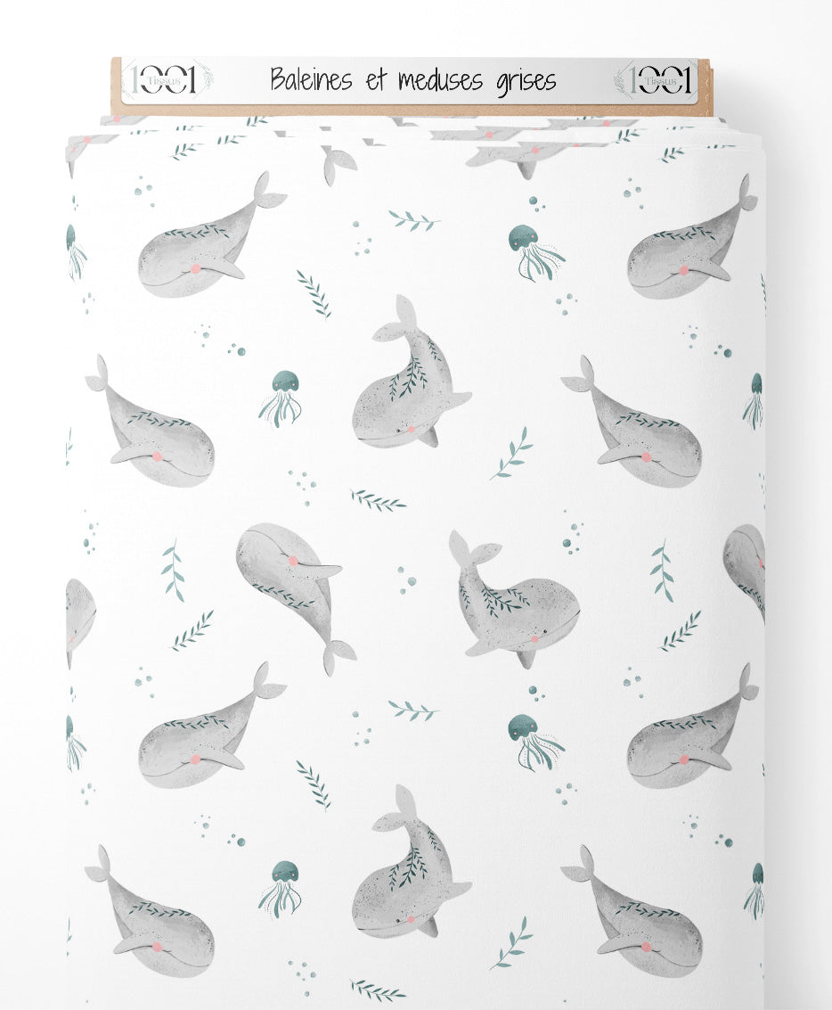 Tissu - Baleines et méduses grises