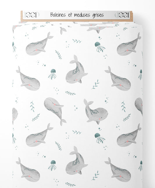 Tissu - Baleines et méduses grises