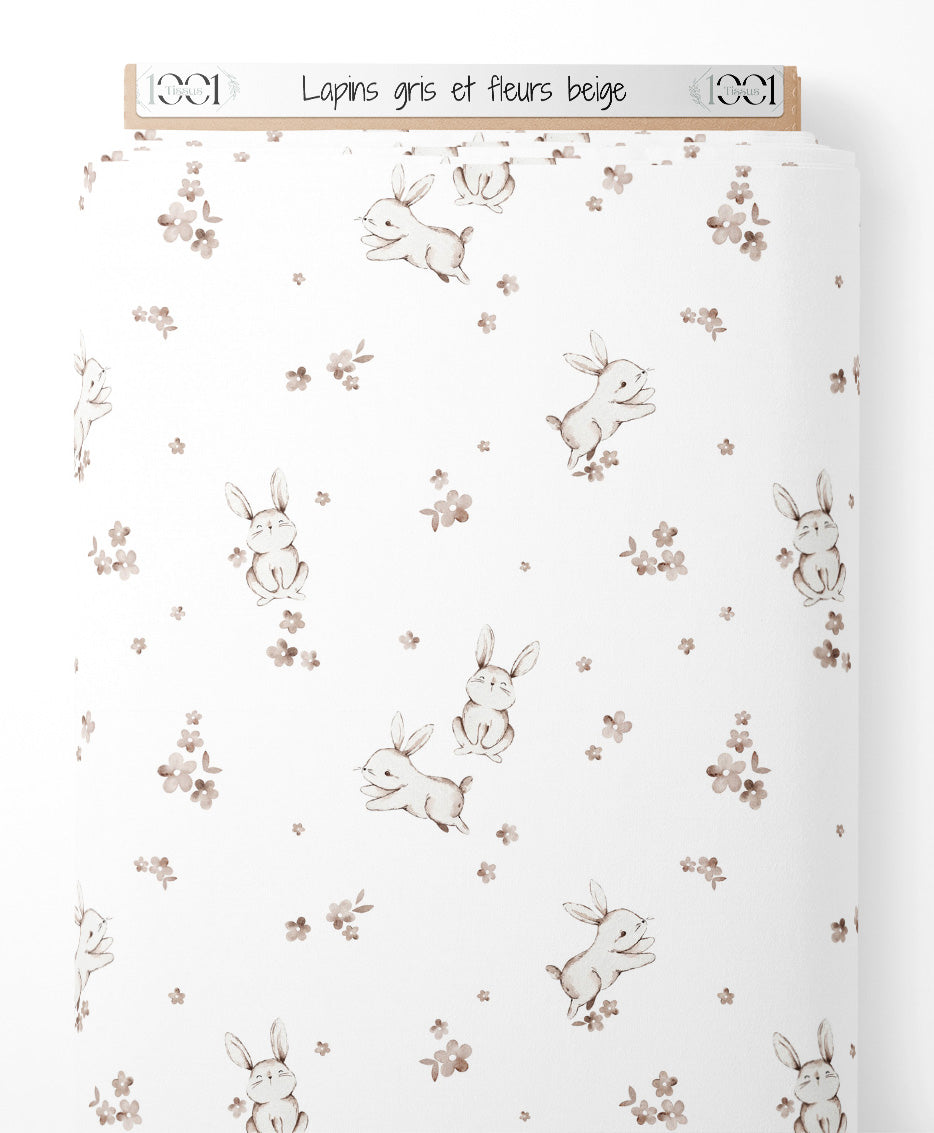 Tissu - Lapins gris et fleurs beige