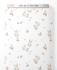 Tissu - Lapins gris et fleurs beige