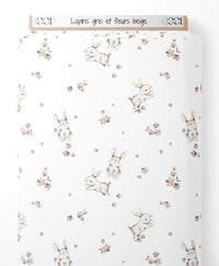 Tissu - Lapins gris et fleurs beige