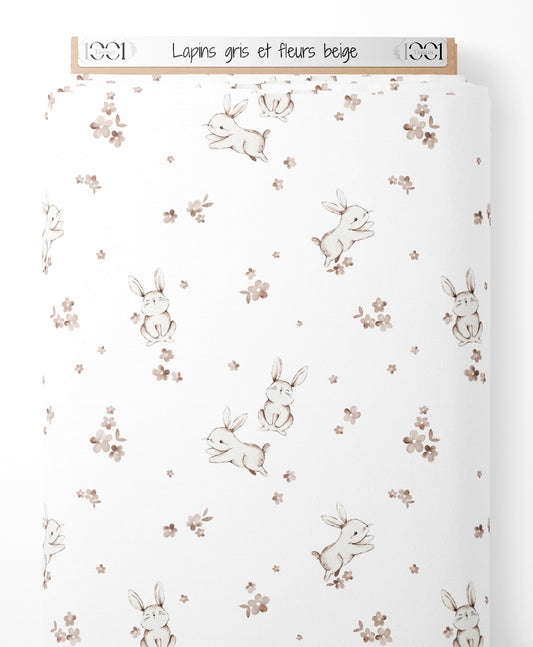 Tissu - Lapins gris et fleurs beige