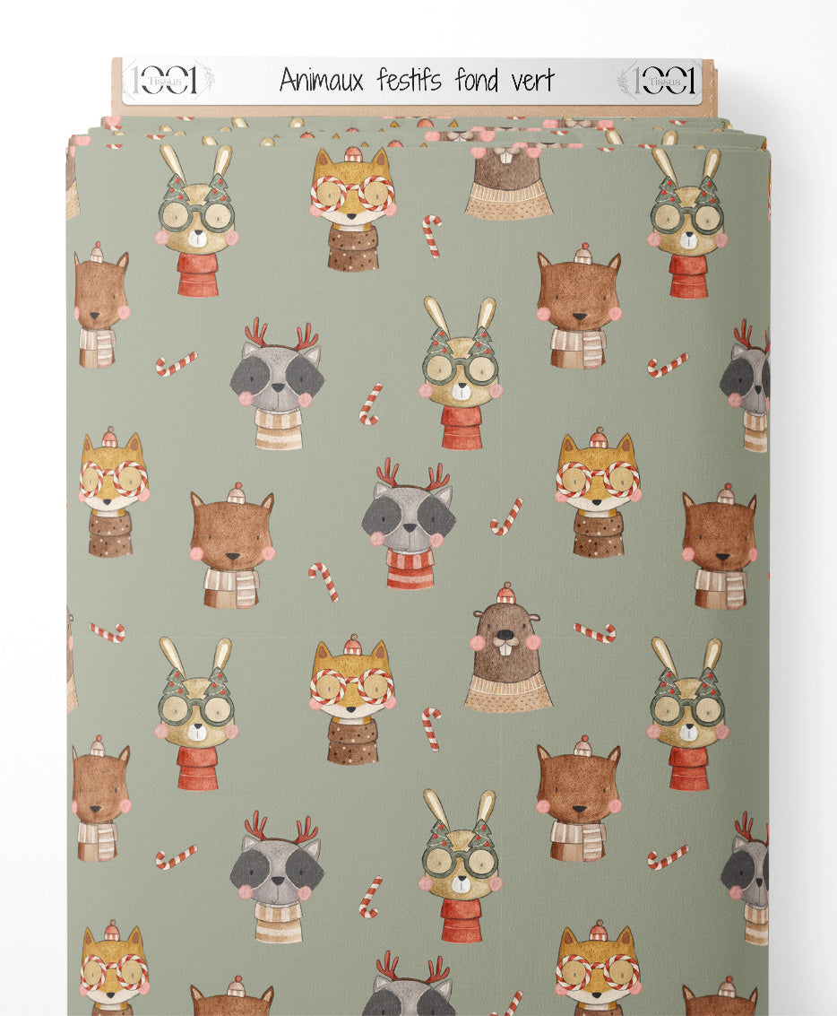 Tissu - Animaux festifs sur fond vert