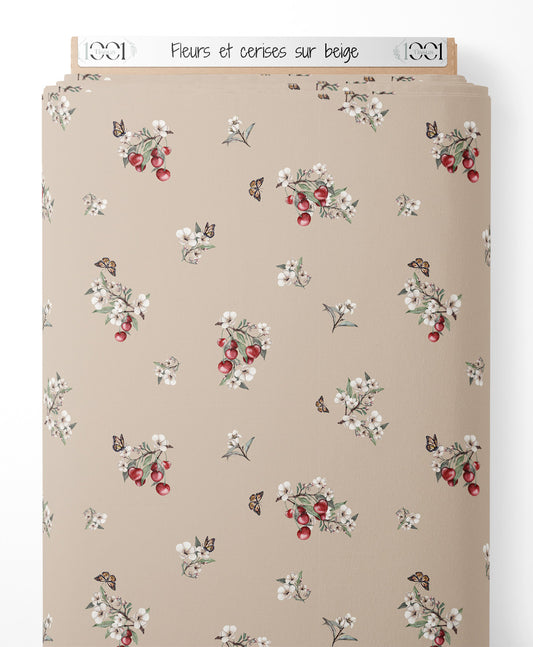 Tissu - Fleurs et cerises sur beige
