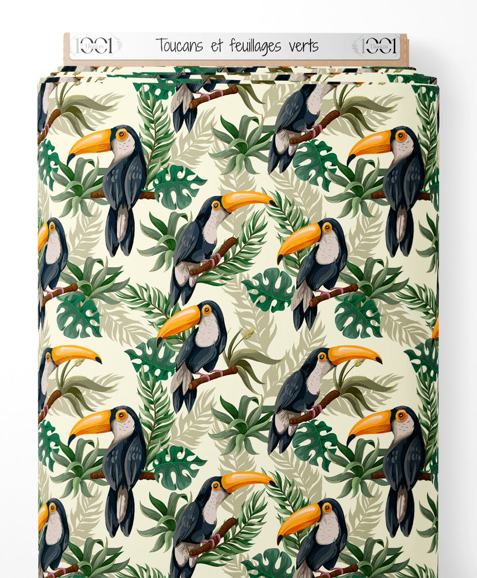 Tissu - Toucans et feuillages verts