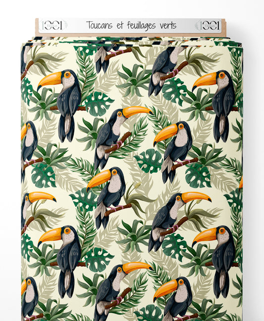 Tissu - Toucans et feuillages verts