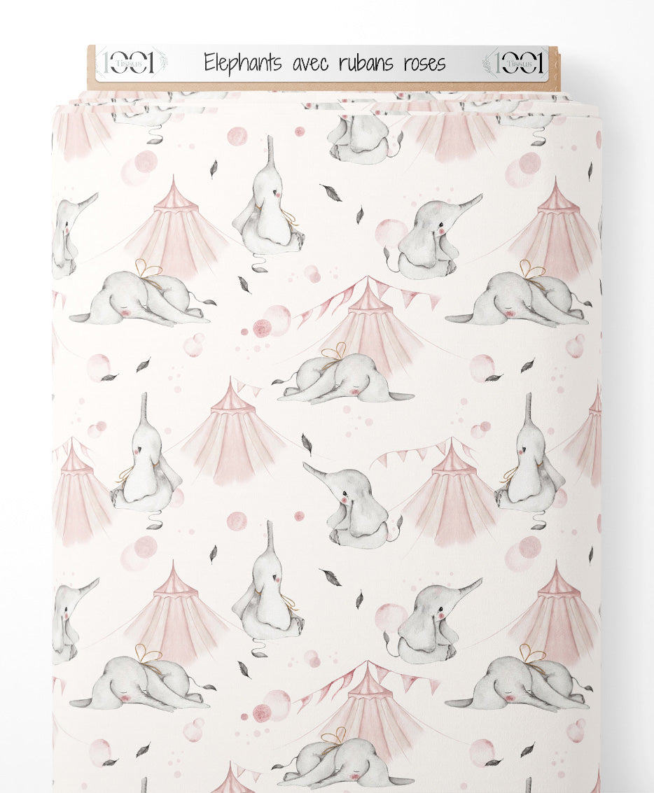 Tissu - Éléphants avec rubans roses