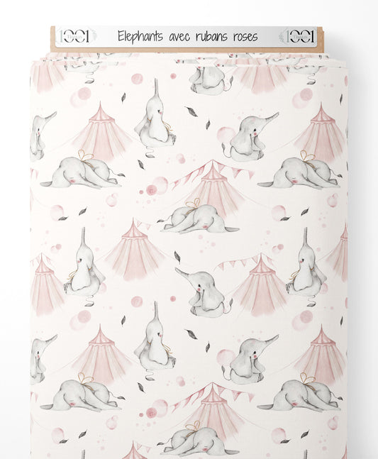 Tissu - Éléphants avec rubans roses