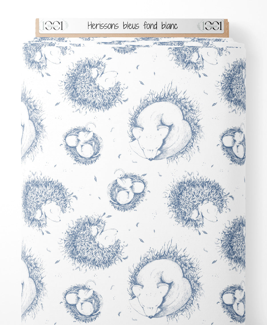 Tissu - Hérissons bleus sur fond blanc