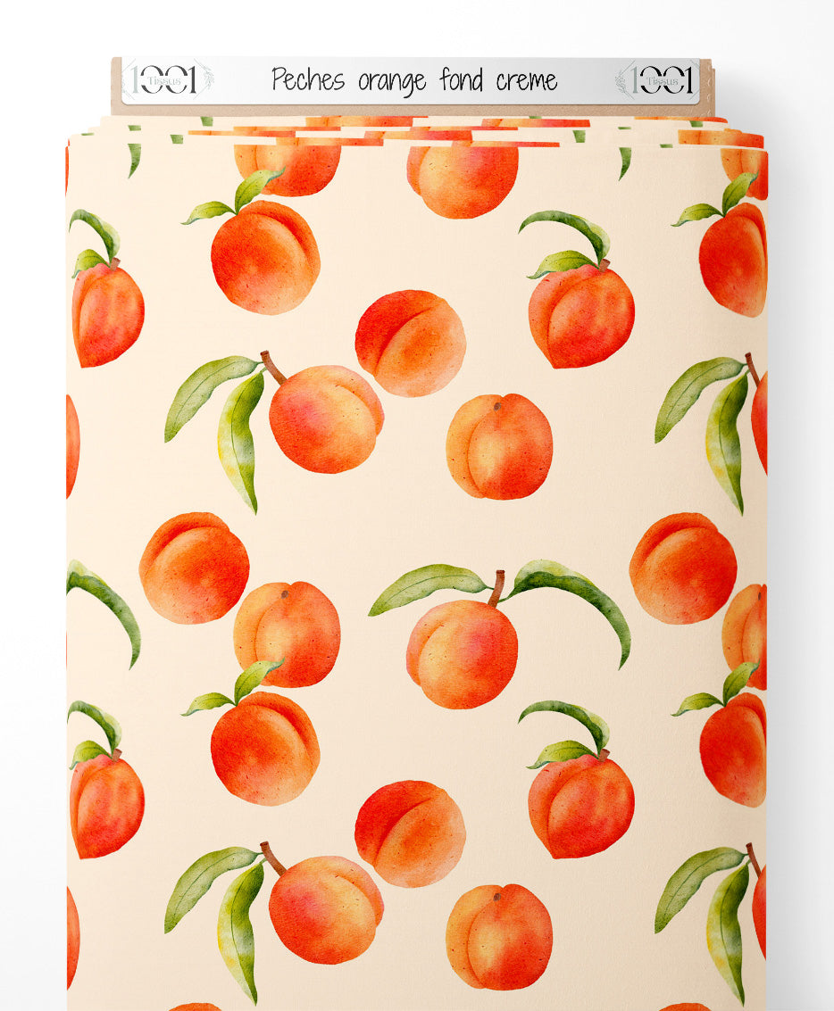 Tissu - Pêches orange sur fond crème