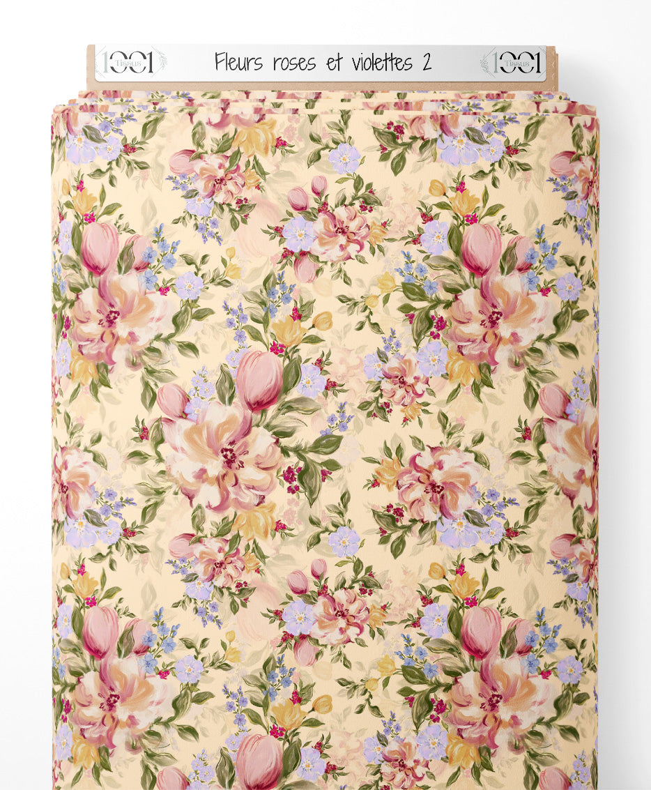 Tissu - Fleurs roses et violettes 2