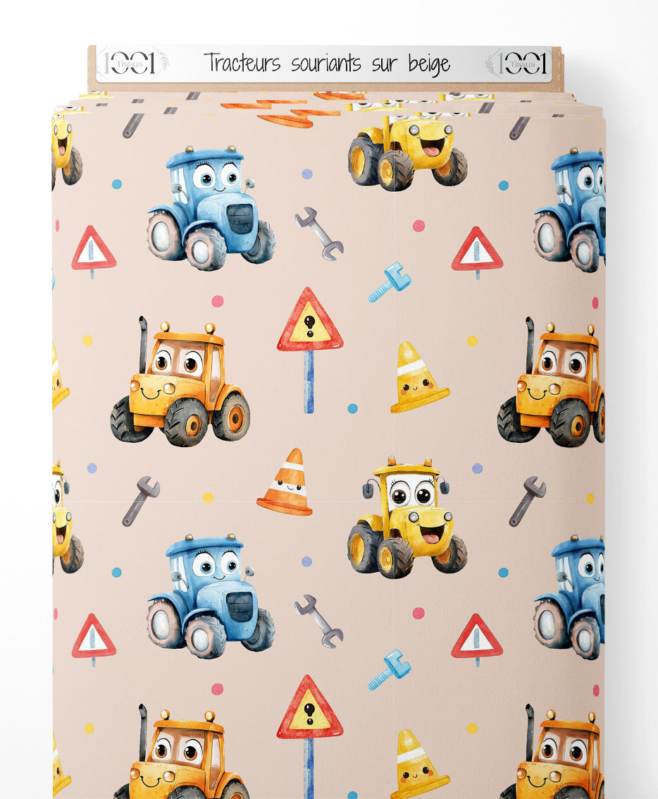 Tissu - Tracteurs souriants sur beige