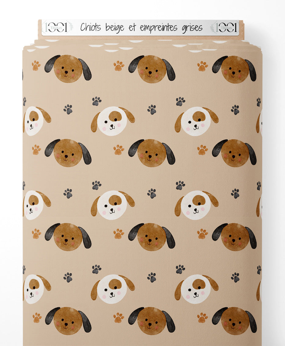 Tissu - Chiots beige et empreintes grises