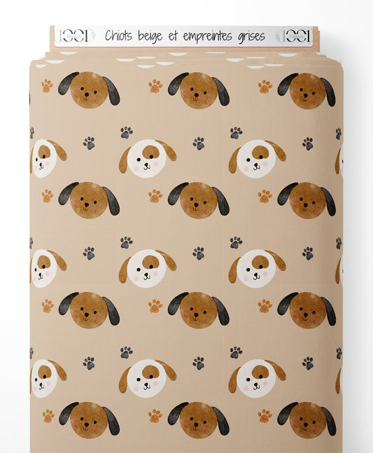 Tissu - Chiots beige et empreintes grises