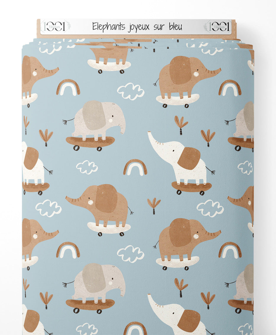 Tissu - Éléphants joyeux sur bleu