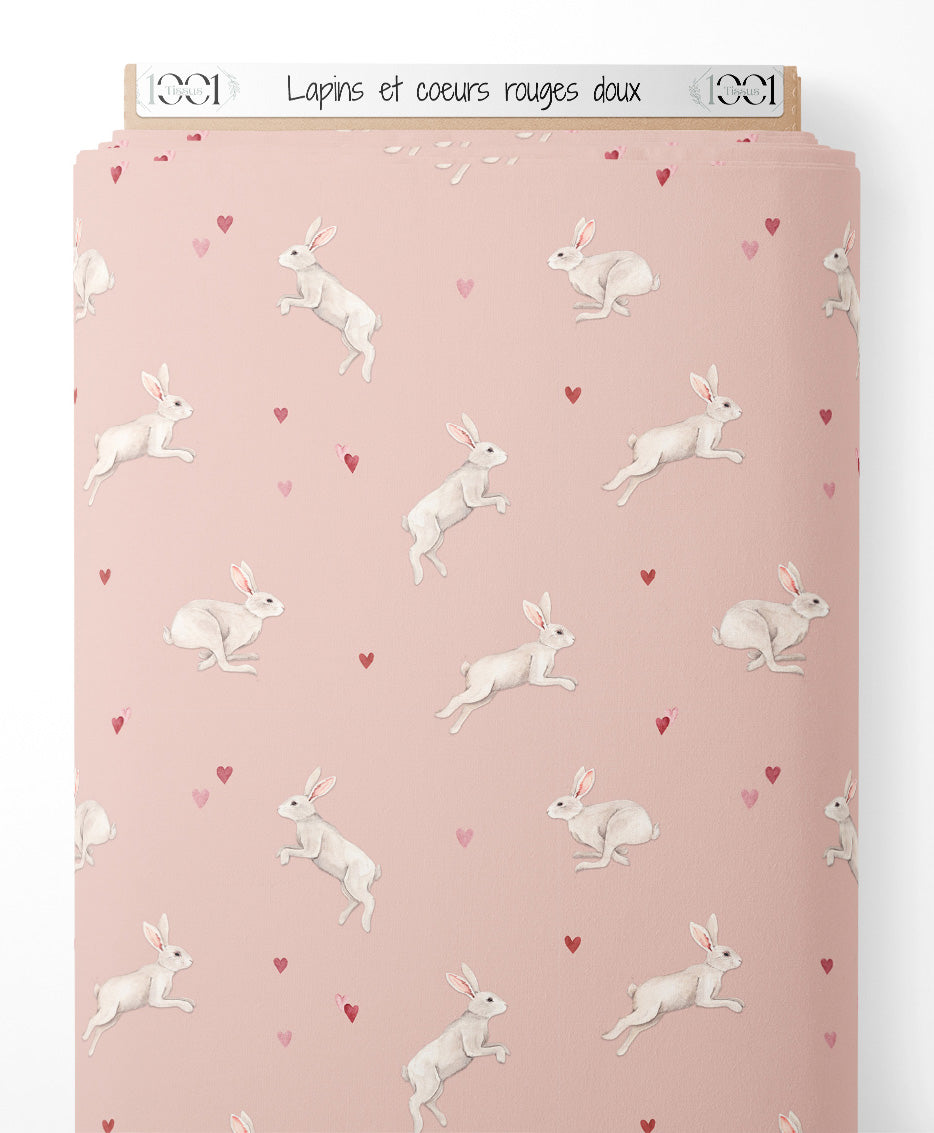 Tissu - Lapins et cœurs rouges doux