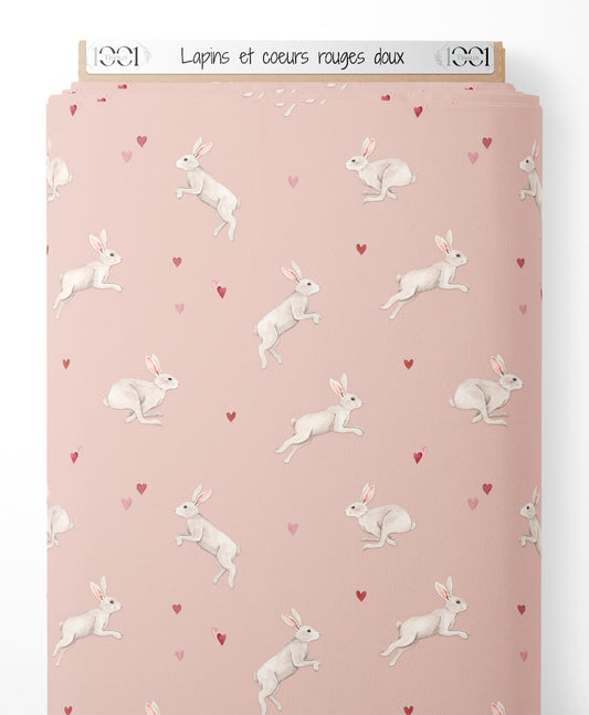 Tissu - Lapins et cœurs rouges doux