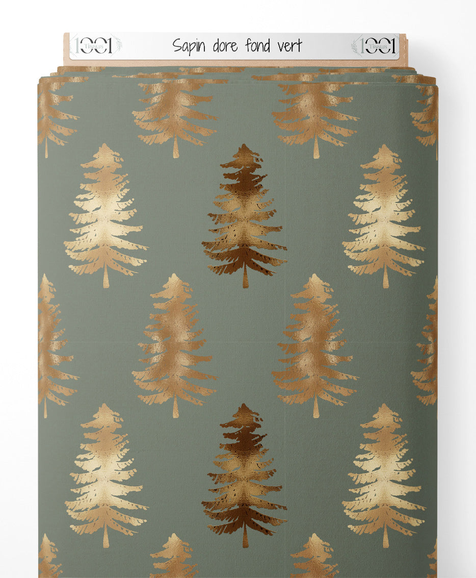 Tissu - Sapin doré sur fond vert