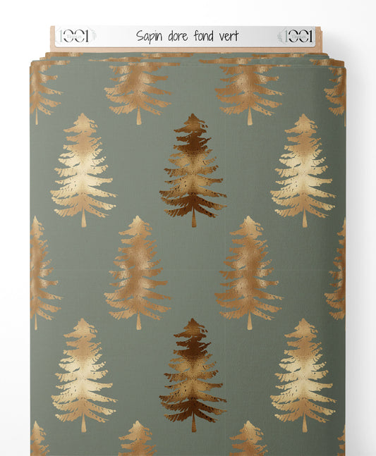 Tissu - Sapin doré sur fond vert