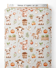 Tissu - Animaux et légumes sur gris