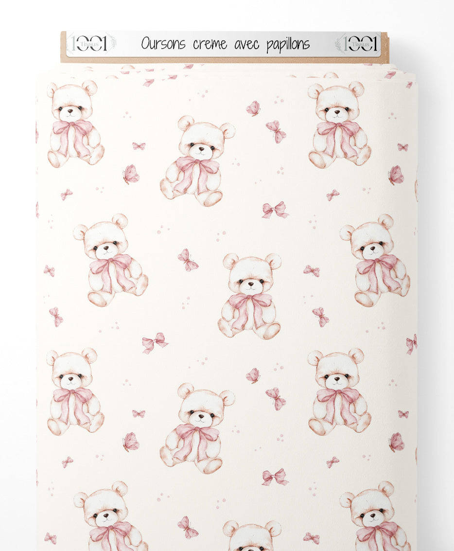 Tissu - Oursons crème avec papillons