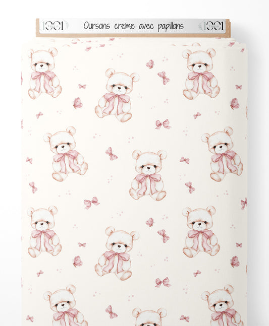 Tissu - Oursons crème avec papillons