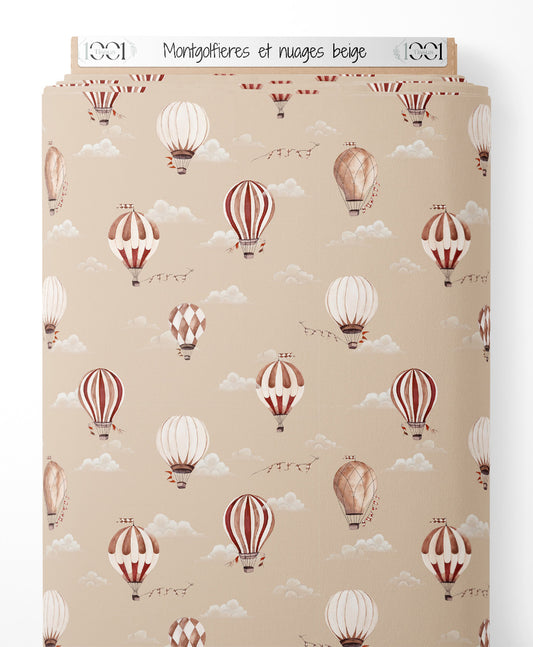 Tissu - Montgolfières et nuages beige
