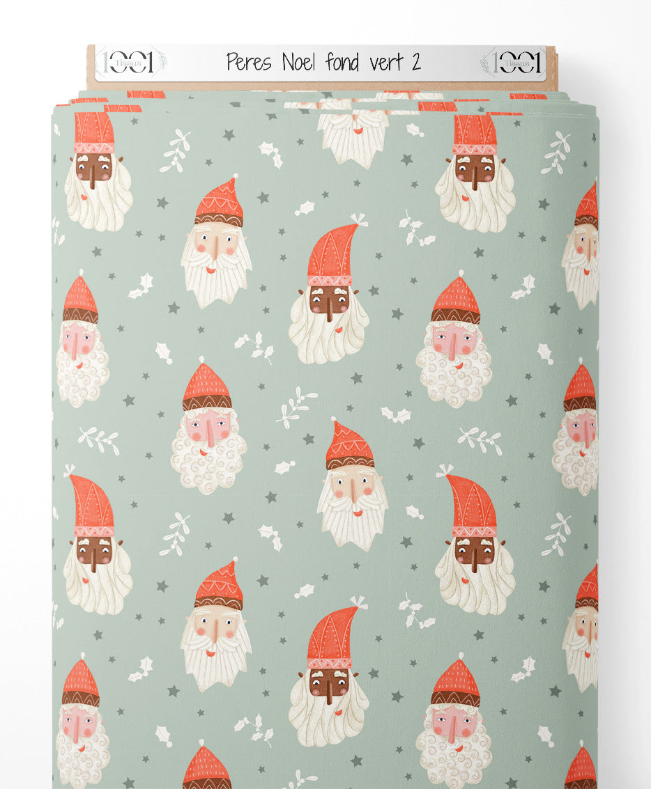 Tissu - Pères Noël sur fond vert 2