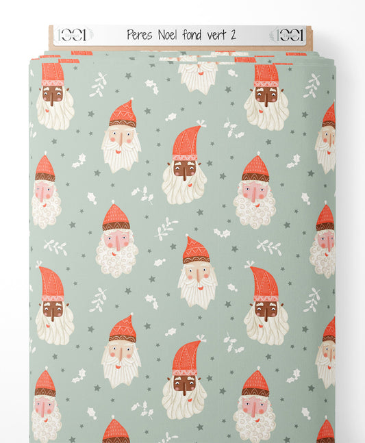 Tissu - Pères Noël sur fond vert 2