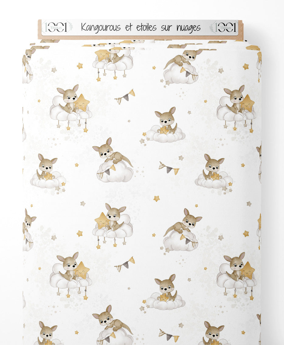Tissu - Kangourous et étoiles sur nuages