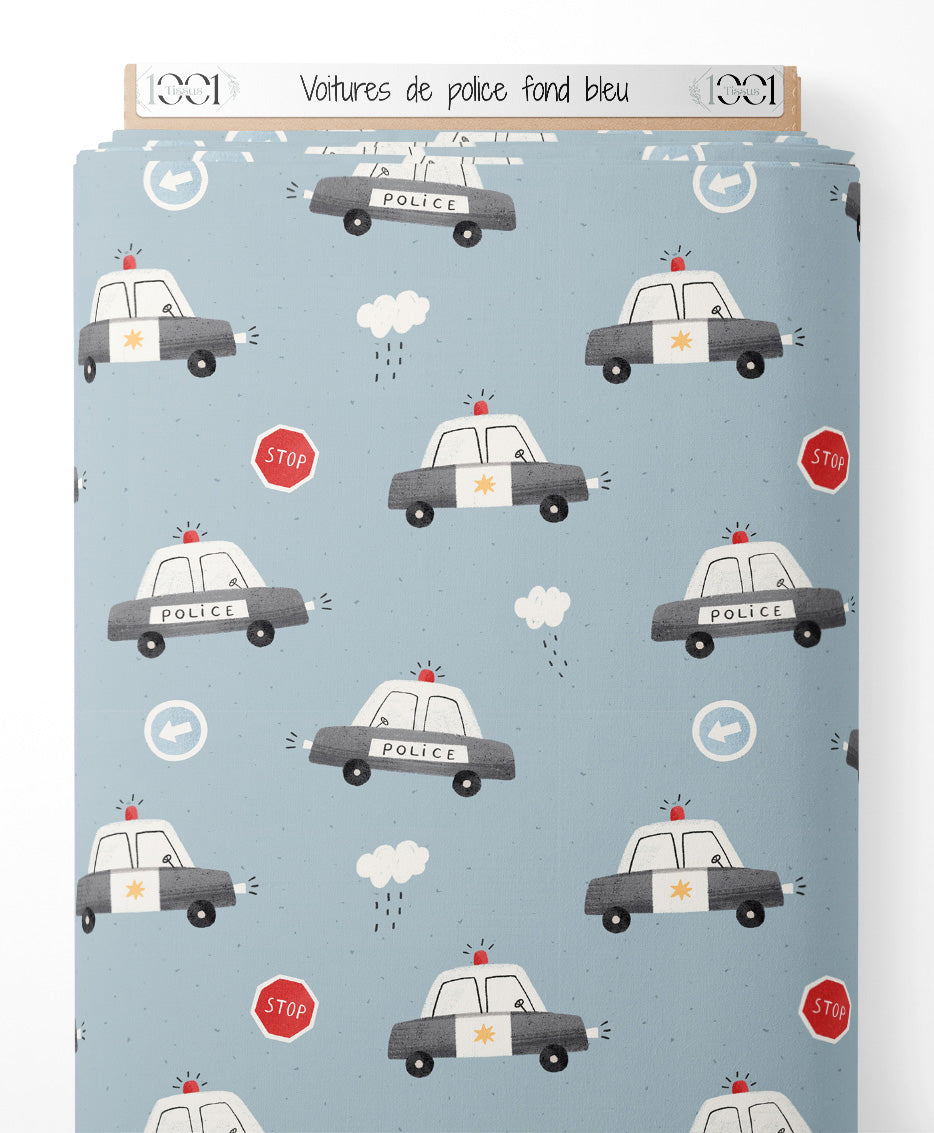 Tissu - Voitures de police sur fond bleu
