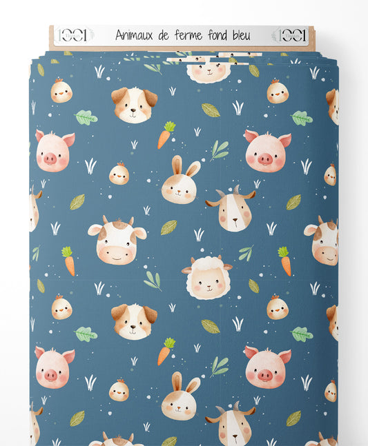 Tissu - Animaux de ferme sur fond bleu