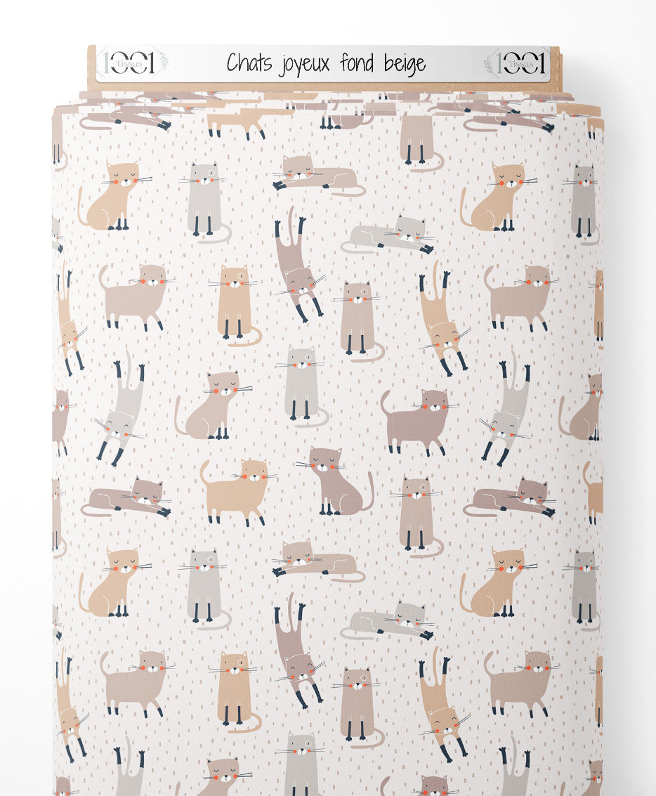 Tissu - Chats joyeux sur fond beige