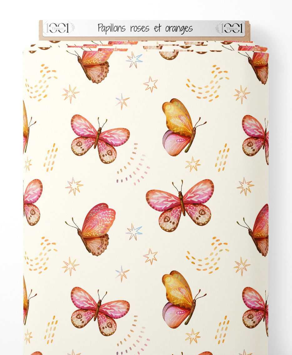 Tissu - Papillons roses et oranges