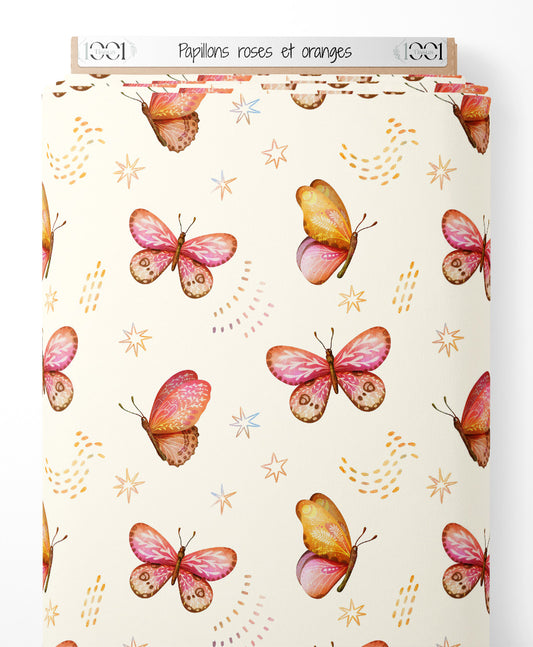 Tissu - Papillons roses et oranges