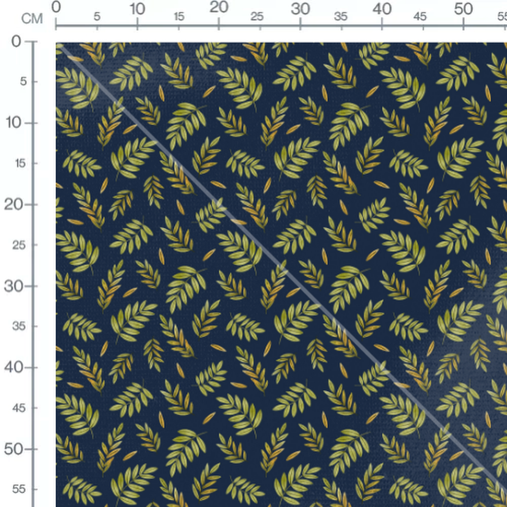 Tissu - Feuilles vertes sur fond bleu