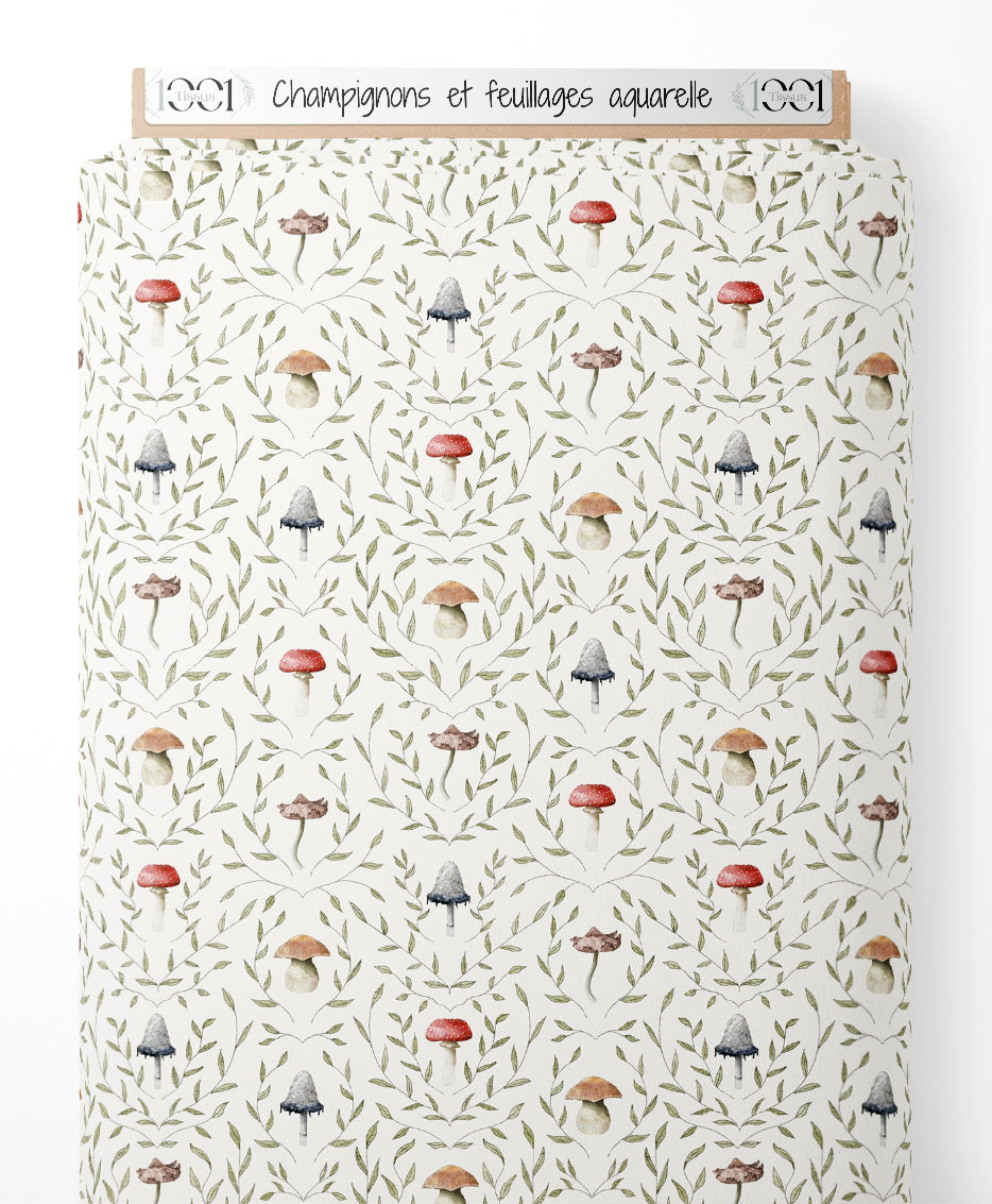 Tissu - Champignons et feuillages aquarelle