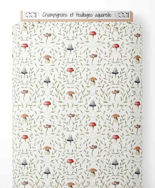 Tissu - Champignons et feuillages aquarelle