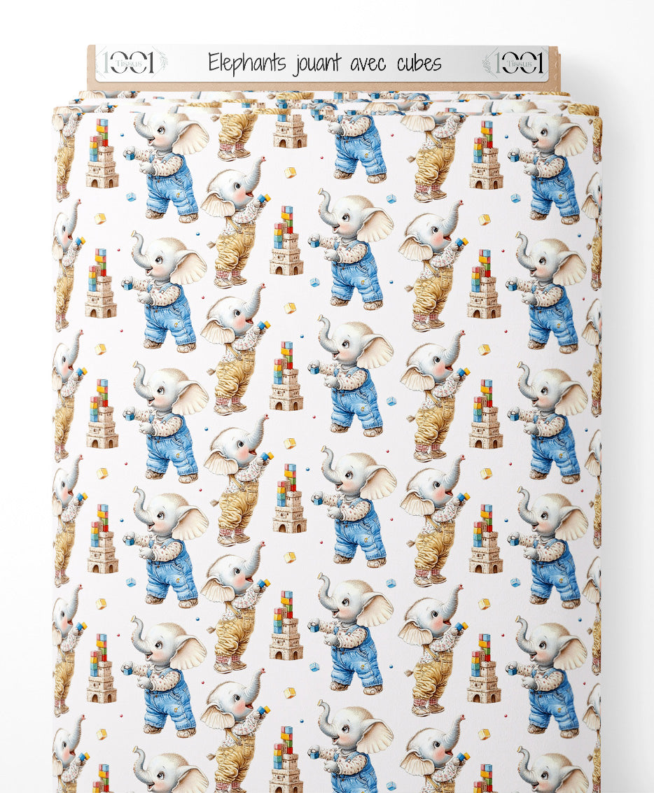 Tissu - Éléphants jouant avec cubes