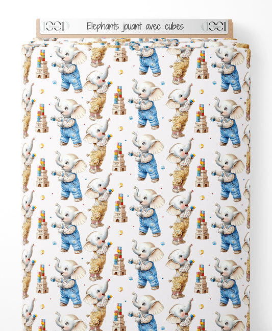 Tissu - Éléphants jouant avec cubes
