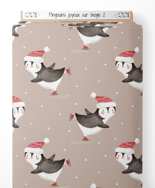 Tissu - Pingouins joyeux sur beige 2