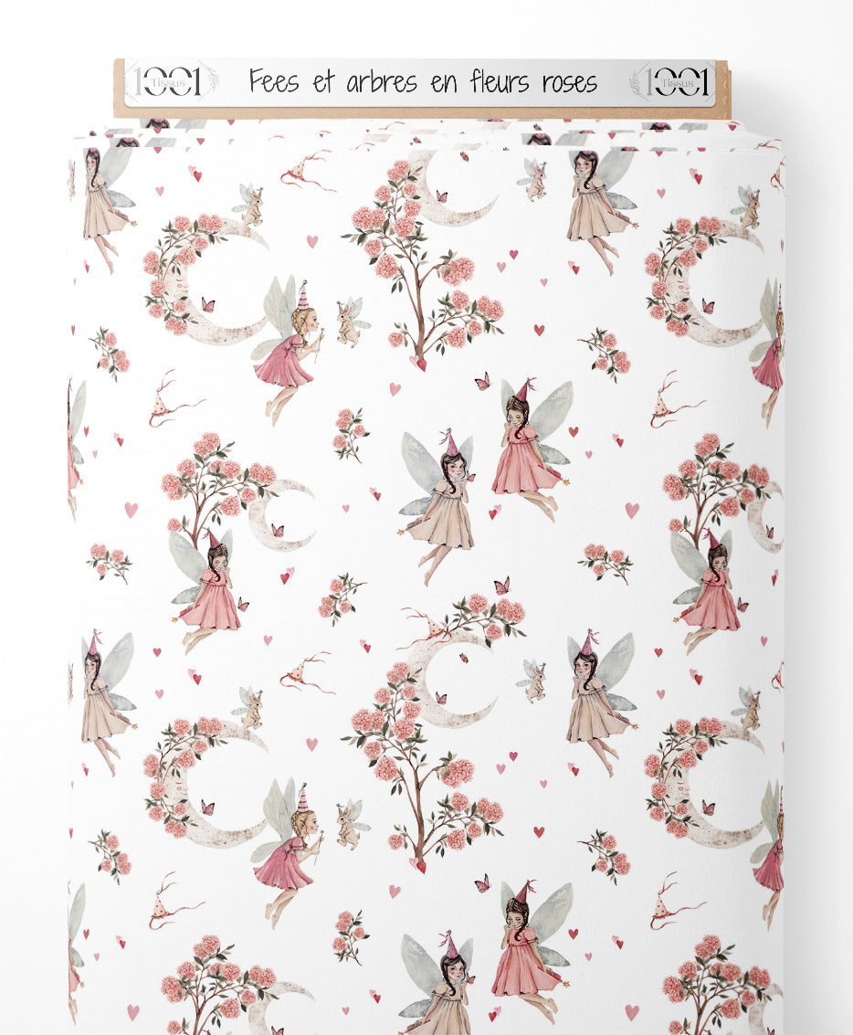 Tissu - Fées et arbres en fleurs roses