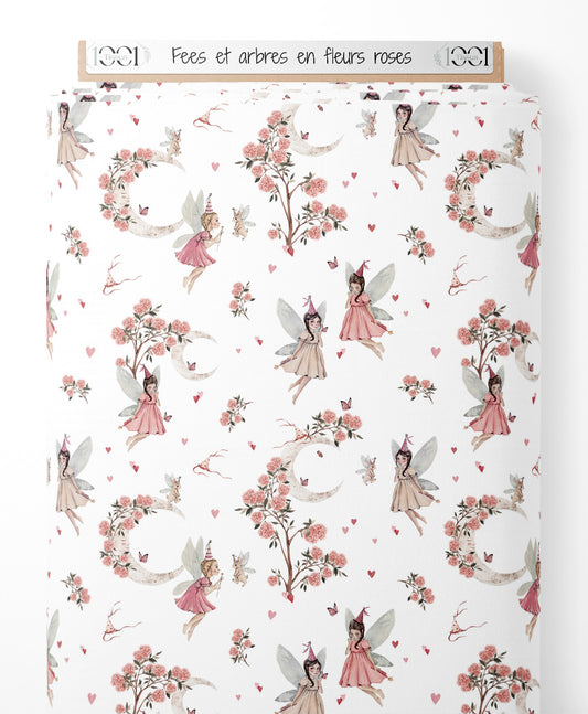 Tissu - Fées et arbres en fleurs roses