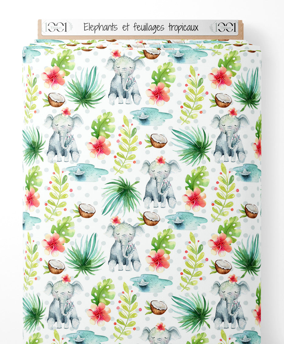 Tissu - Éléphants et feuillages tropicaux