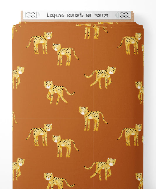 Tissu - Léopards souriants sur marron