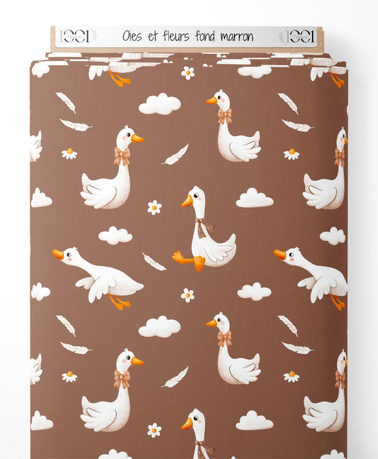 Tissu - Oies et fleurs sur fond marron