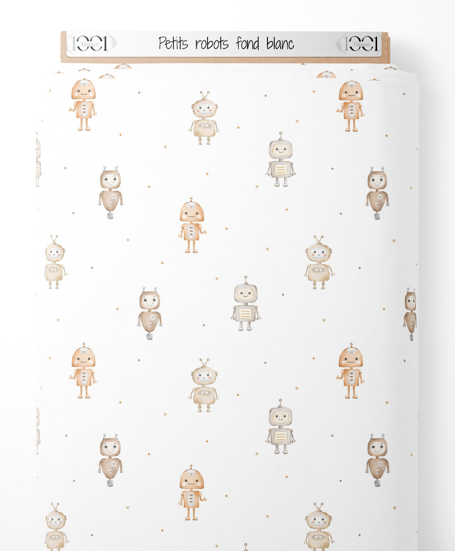 Tissu - Petits robots sur fond blanc
